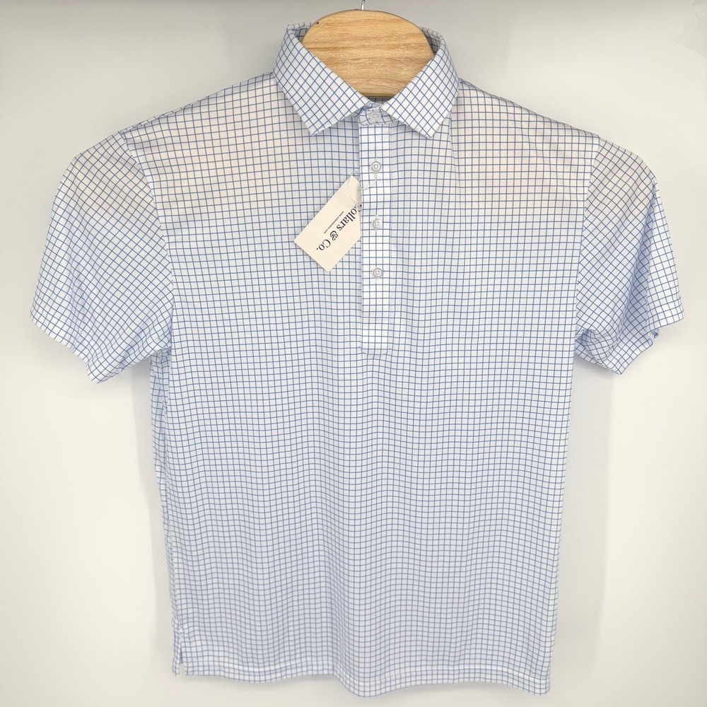 Collars & Co Semi Spread Polo Shirt Men's Large Thin Blue Check Performance NEW - Picture 4 of 9